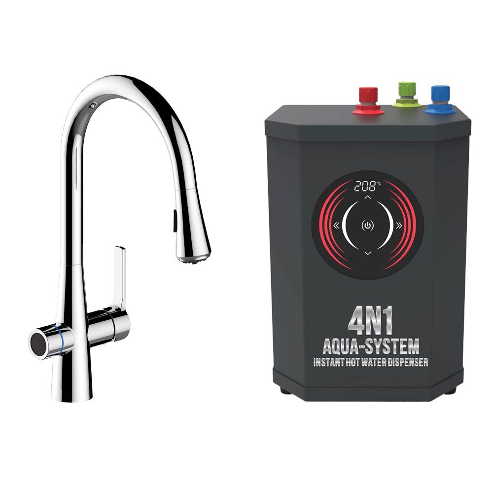 AquaNuTech 4N1 Transitional Pull-Down Spray Faucet-CH/Digital Instant Hot Water Dispenser/Leak Detector System