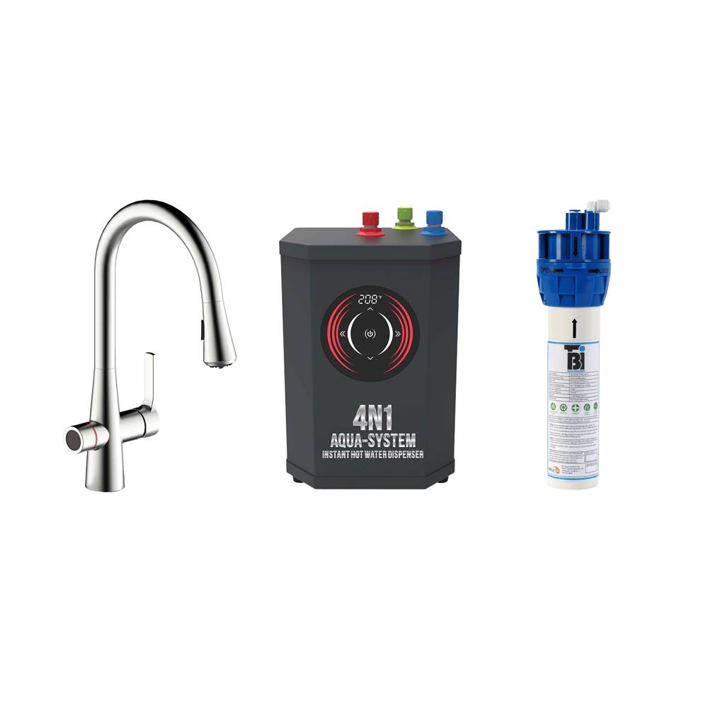 AquaNuTech 4N1 Transitional Pull-Down Spray Faucet-BN/Digital Instant Hot Water Dispenser/Filtration System/Leak Detector System