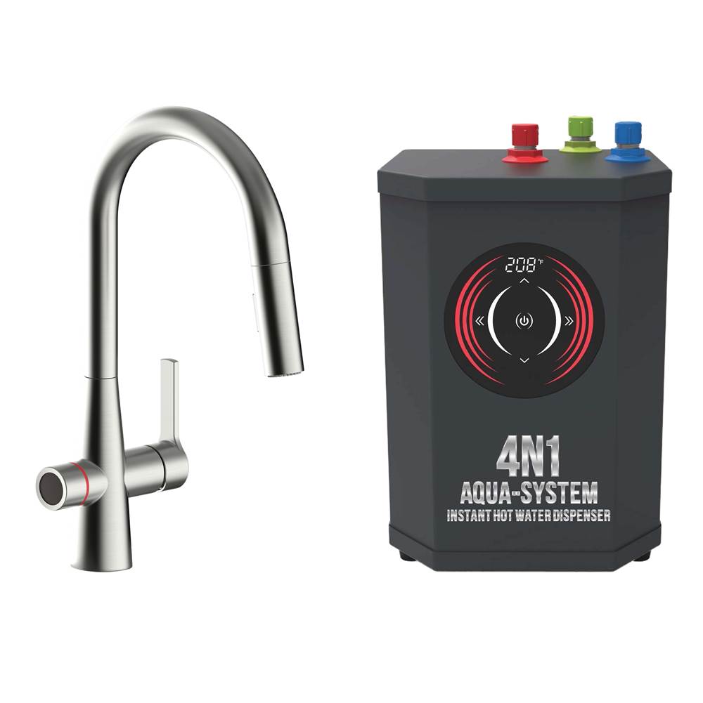 AquaNuTech 4N1 Contemporary Pull-Down Spray Faucet-BN/Digital Instant Hot Water Dispenser/Leak Detector System