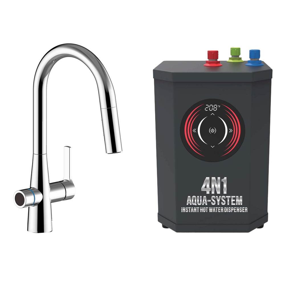 AquaNuTech 4N1 Contemporary Pull-Down Spray Faucet-CH/Digital Instant Hot Water Dispenser/Leak Detector System