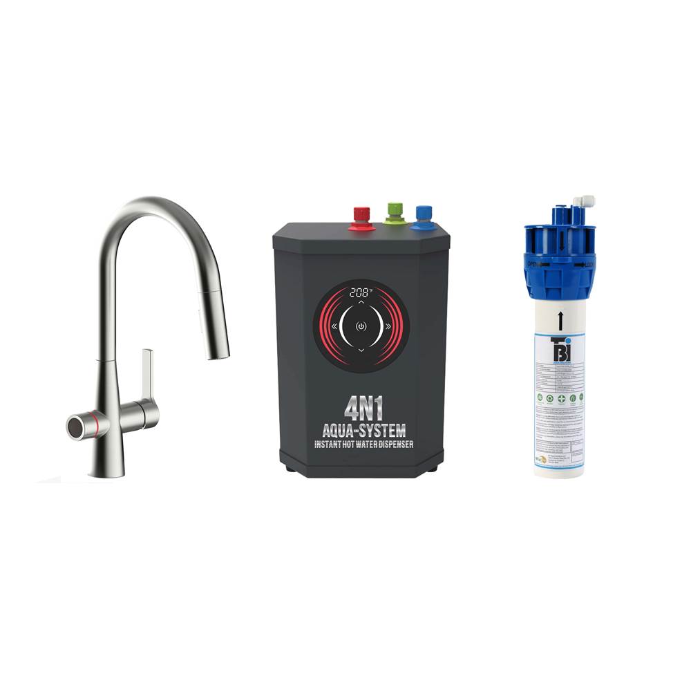 AquaNuTech 4N1 Contemporary Pull-Down Spray Faucet-BN/Digital Instant Hot Water Dispenser/Filtration System/Leak Detector System