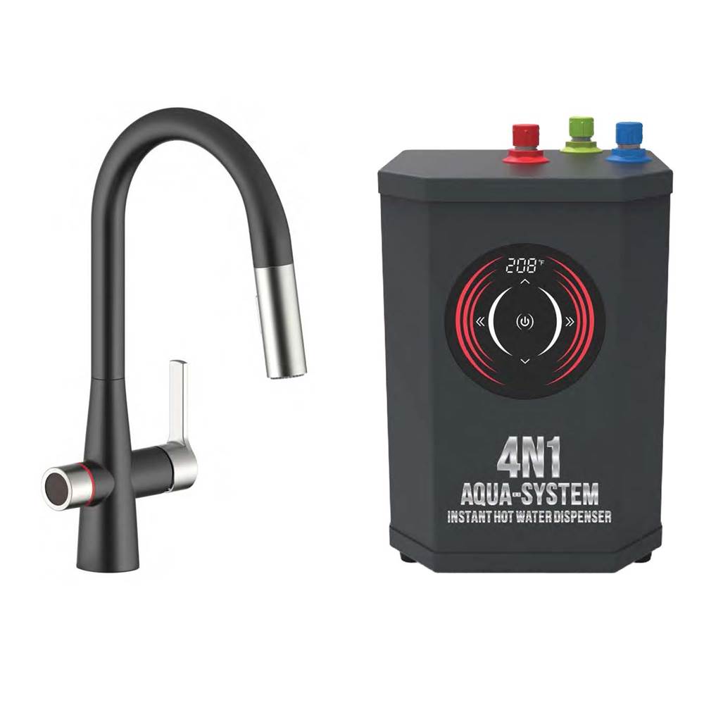 AquaNuTech 4N1 Contemporary Pull-Down Spray Faucet-MB/CH/Digital Instant Hot Water Dispenser/Leak Detector System