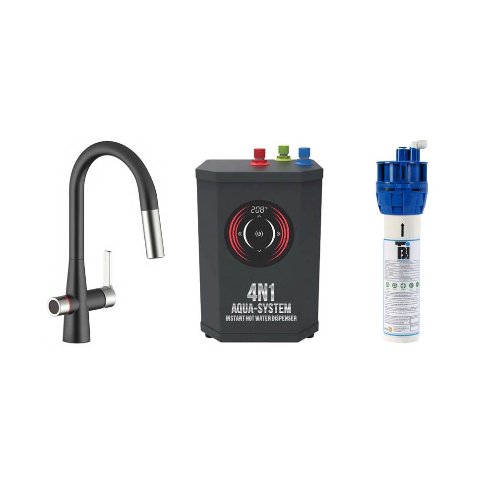 AquaNuTech 4N1 Contemporary Pull-Down Spray Faucet-MB/CH/Digital Instant Hot Water Dispenser/Filtration System/Leak Detector System