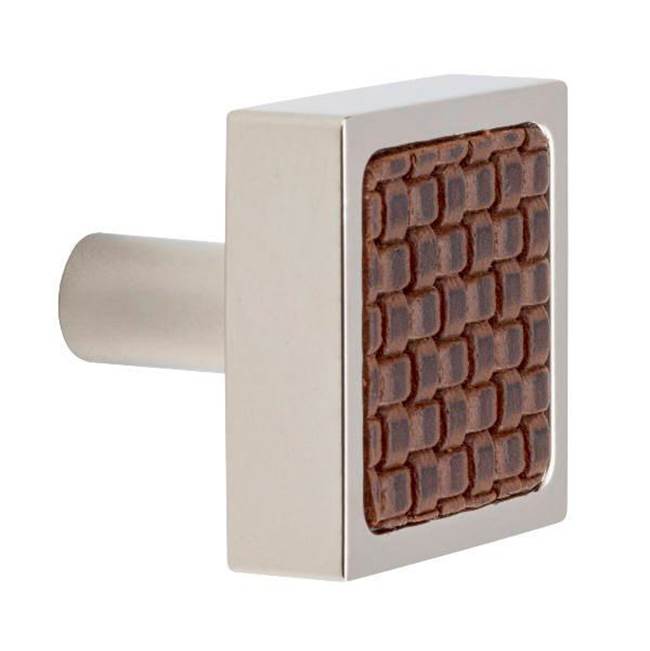 Colonial Bronze Leather Accented Square Cabinet Knob With Straight Post, Matte Satin Brass x Shagreen City Lights Smoke Leather