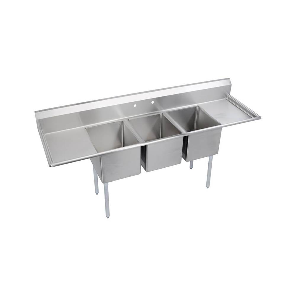 Elkay Dependabilt Stainless Steel 88'' x 25-13/16'' x 44-3/4'' 16 Gauge Three Compartment Sink w/ 18'' Left and Right Drainboards and Stainless Steel Legs