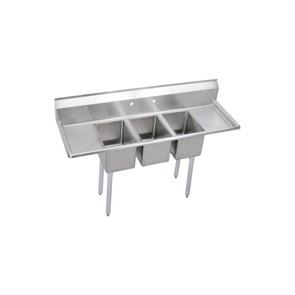 Elkay Dependabilt Stainless Steel 72'' x 21-13/16'' x 43-3/4'' 16 Gauge Three Compartment Sink w/ 16'' Left and Right Drainboards and Stainless Steel Legs