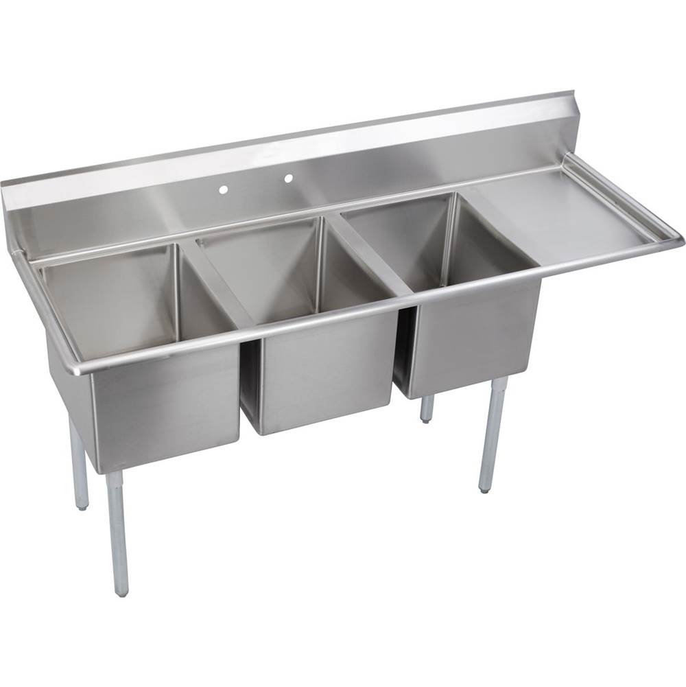 Elkay Dependabilt Stainless Steel 72-1/2'' x 25-13/16'' x 43-3/4'' 18 Gauge Three Compartment Sink w/ 18'' Right Drainboard and Stainless Steel Legs