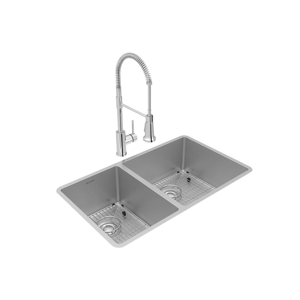 Elkay Crosstown 18 Gauge Stainless Steel 31-1/2'' x 18-1/2'' x 9'', 40/60 Double Bowl Undermount Sink and Faucet Kit with Bottom Grid and Drain