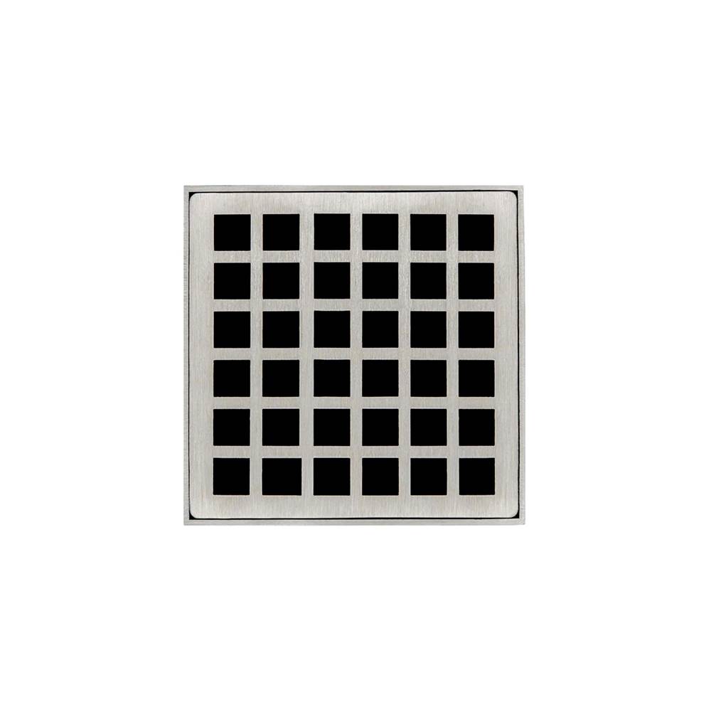 Infinity Drain 4'' x 4'' QDB 4 Complete Kit with Squares Pattern Decorative Plate in Satin Stainless with Stainless Steel Bonded Flange Drain Body, 2'' No Hub Outlet