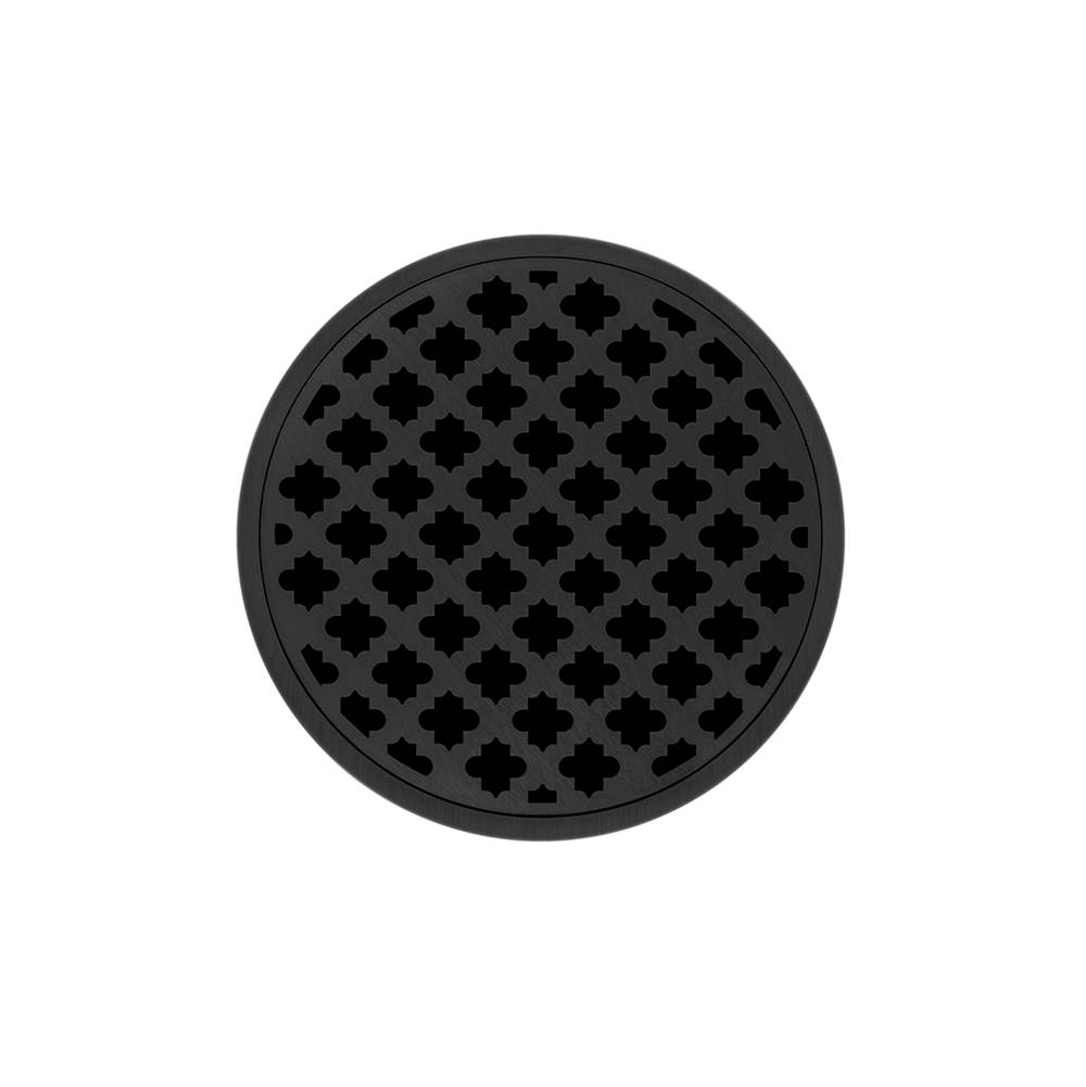 Infinity Drain 5'' Round RMDB 5 Complete Kit with Moor Pattern Decorative Plate in Matte Black with PVC Bonded Flange Drain Body, 2'', 3'' and 4'' Outlet