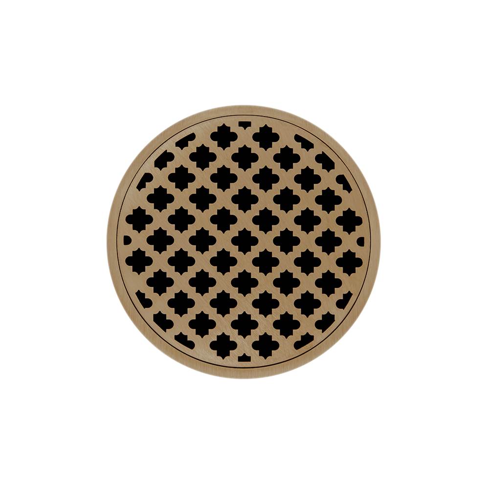 Infinity Drain 5'' Round RMDB 5 Complete Kit with Moor Pattern Decorative Plate in Satin Bronze with PVC Bonded Flange Drain Body, 2'', 3'' and 4'' Outlet