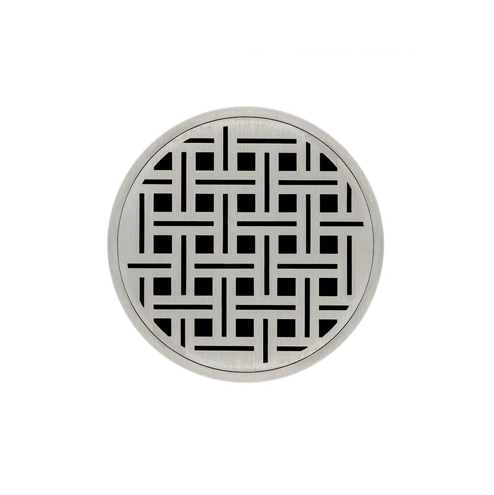 Infinity Drain 5'' Round RVD 5 Complete Kit with Weave Pattern Decorative Plate in Satin Stainless with Cast Iron Drain Body, 2'' Outlet