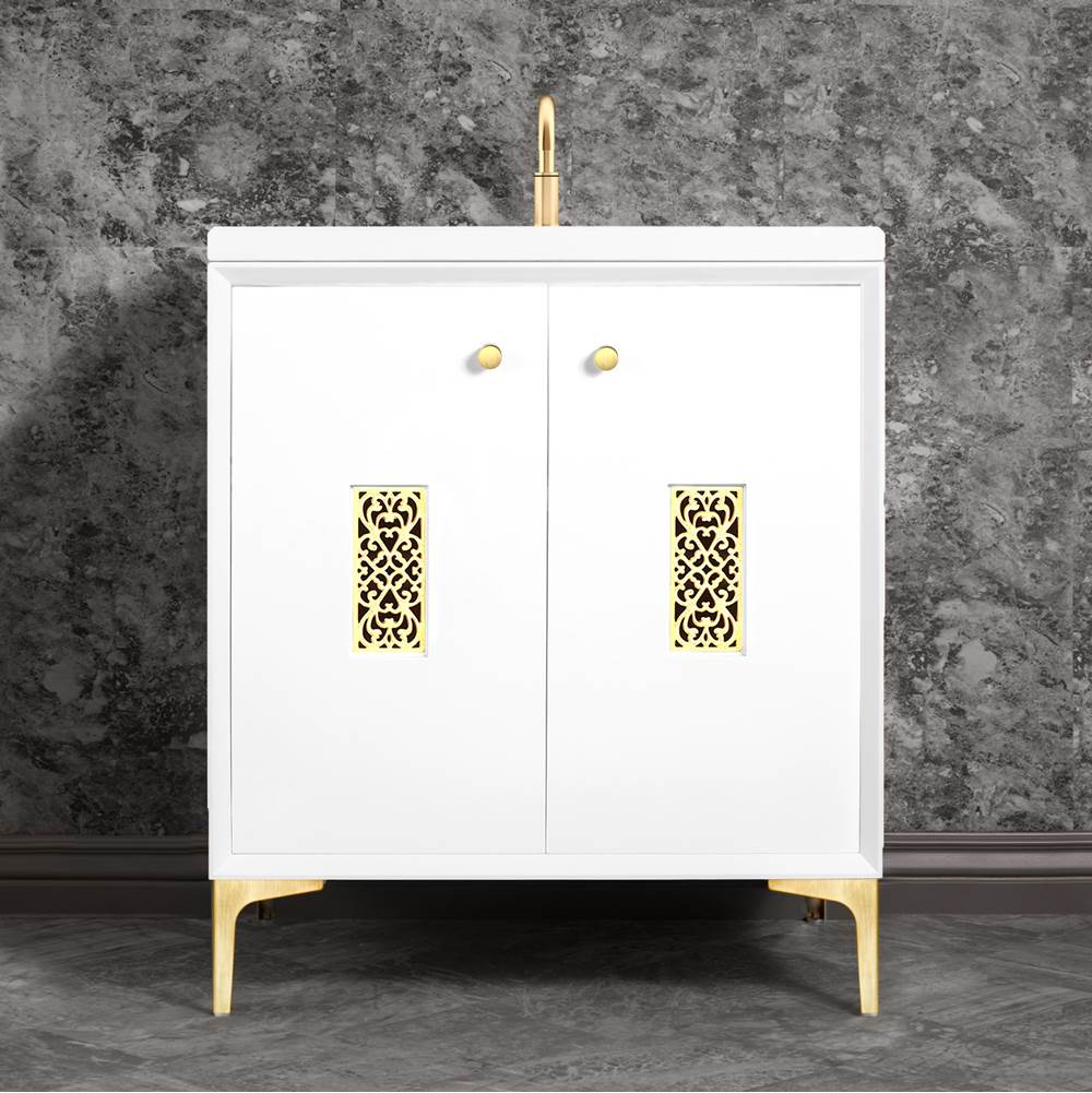 Linkasink Frame 30'' Wide White Vanity with Satin Brass Filigree Grate and Legs
