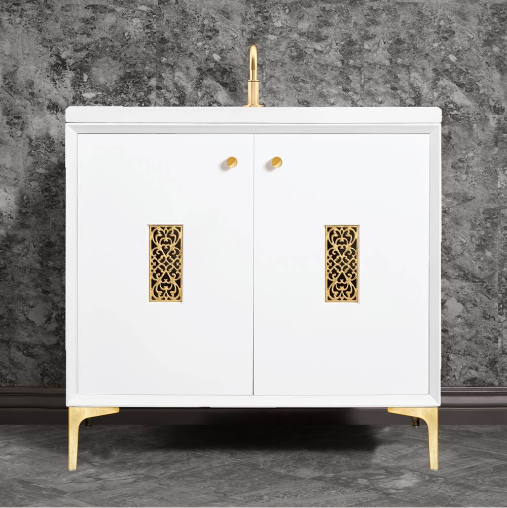 Linkasink Frame 36'' Wide White Vanity with Satin Brass Filigree Grate and Legs