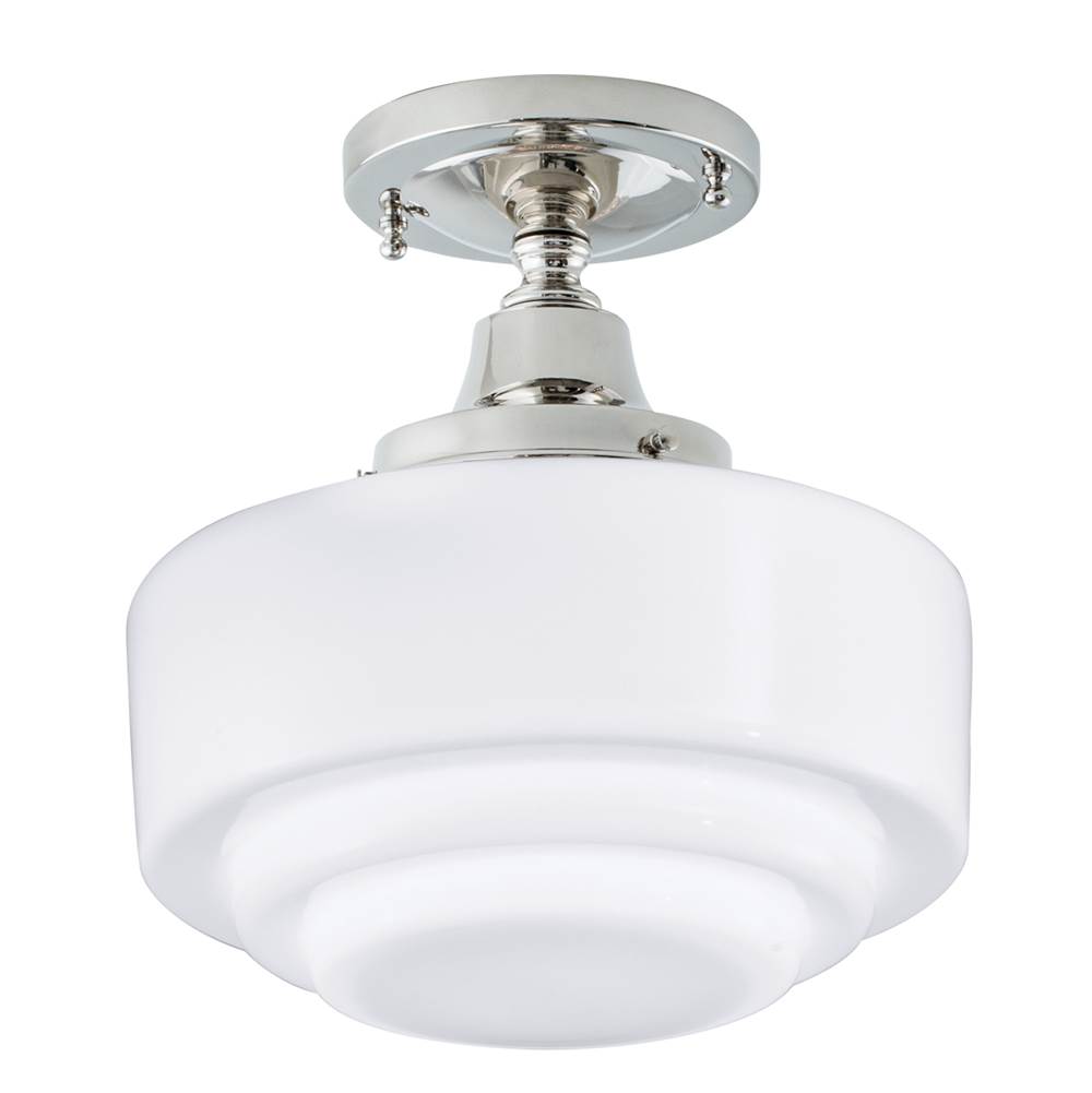 Norwell Schoolhouse Flush Mount Light - Polished Nickel with Stepped Glass